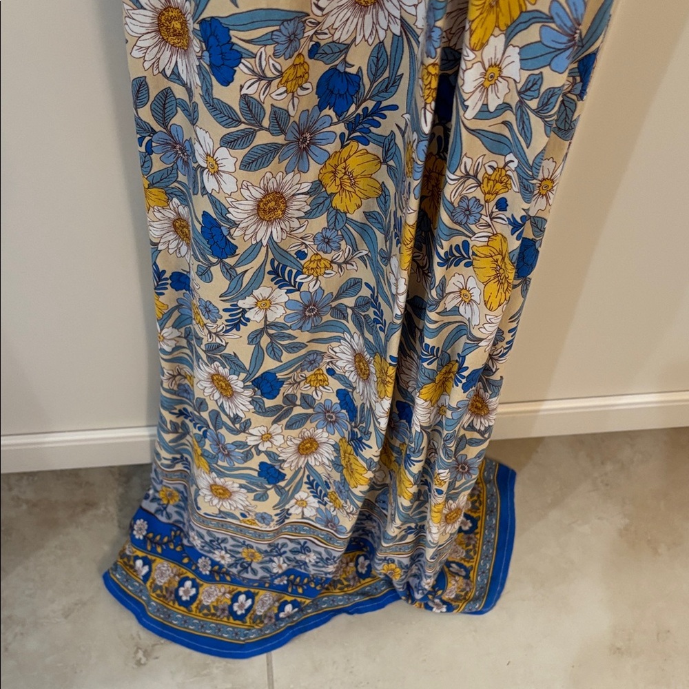 Blue and Yellow Floral Maxi Dress with Smocked Waist - Picture 4 of 5